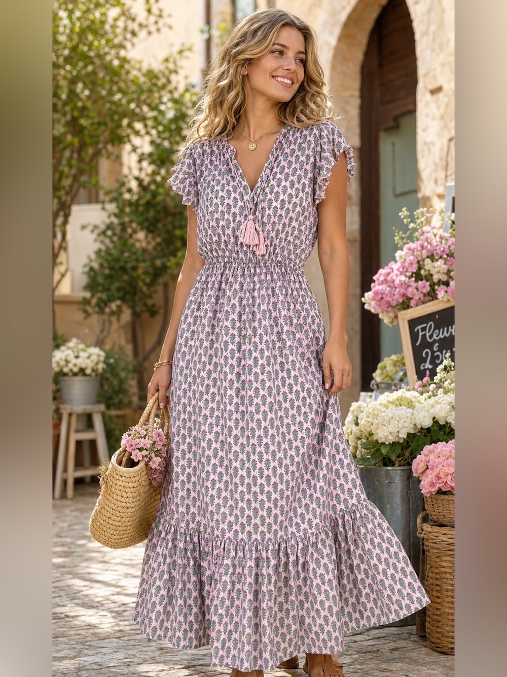 Pink Floral Tiered Ruffled Midi Sundress with Flutter Sleeves